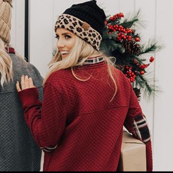 Warm and cozy C.C. black with leopard print winter beanie hat. - Picture 7 of 8